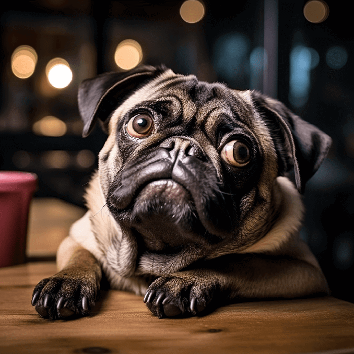 A pug, consummate theater actor, begging for food